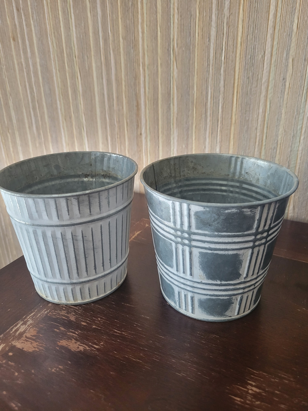 Set of Two Galvanized Metal Planters - Weathered Gray & Pale Gray